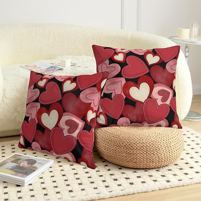 Valentines Outdoor Pillow Covers 18x18 Set of 2 Red Black Love Heart Farmhouse Decorative Throw Pillows Valentine Day Wedding Cushion Case for Home Sofa Couch Bed