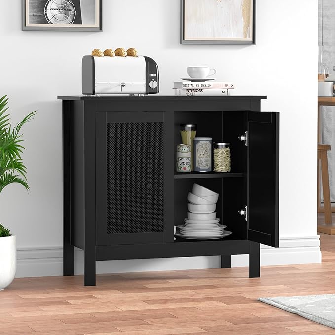 Giluta Black Sideboard Buffet Cabinet, Farmhouse Kitchen Storage Cabinets with 2 Rattan Doors, 30''H Boho Cabinet with Solid Wood Feet for Entryway, Living Room, Hallway