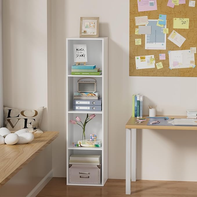 4 Tier Bookshelf, Freestanding Corner Storage Shelve Book Case for Narrow Space, 4 Cube Storage Organizer Small Bookcase for Home Office Living Room (White, 4 Cube)