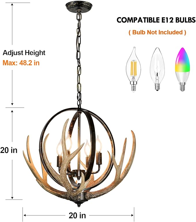 Antler Chandelier 4-Light for Dining Room, Large Deer Chandelier Fixtures with Retro Metal Globe and Resin 4 Antlers, Adjustable Farmhouse Chandeliers for Living Room Island Kitchen Bedroom Cabin