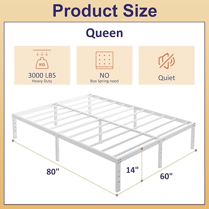 14 Inch Queen Bed Frame No Box Spring Needed, Heavy Duty Metal Bed Frame Queen Size with Large Underbed Storage Space, Noise Free, Easy Assembly, White