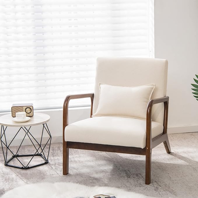 Giantex Modern Accent Chair with Pillow - Comfy Upholstered Lounge Armchair with Anti-Slip Felt Pads, Wooden Frame Soft Padded Arm Chairs for Living Room, Bedroom, Study, Beige
