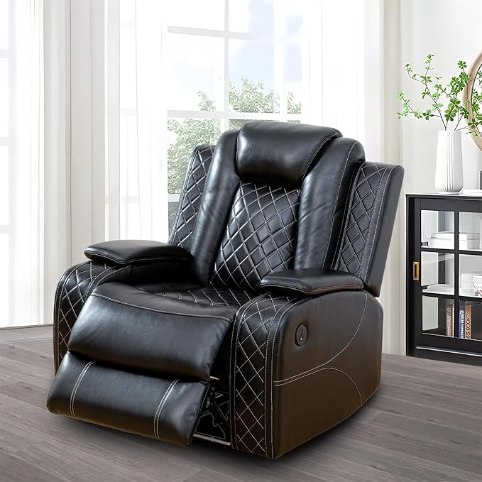 Power Recliner Loveseat and 2 Chairs, Air Leather Reclining Couch with LED/Cup Holders/Storage, 3 Pieces Reclining Living Room Furniture, Black Leather Loveseat and Chairs for House/Apartment/Office