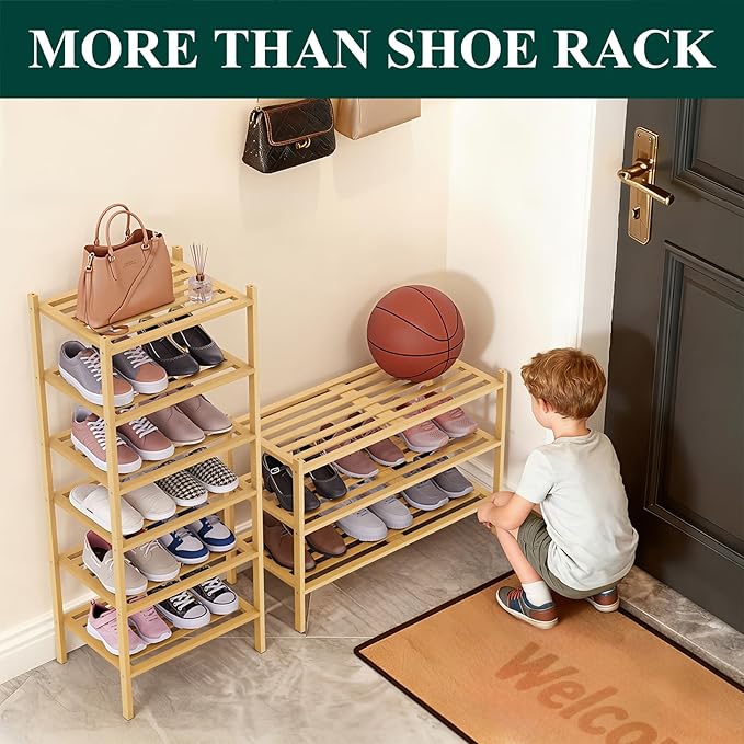 Smiry Small Bamboo Shoe Rack 2-Tier, Stackable Wooden Shoe Organizer for Entryway & Closet, Free Standing Wood Shoe Storage Shelf for Front Door & Small Spaces, Natural