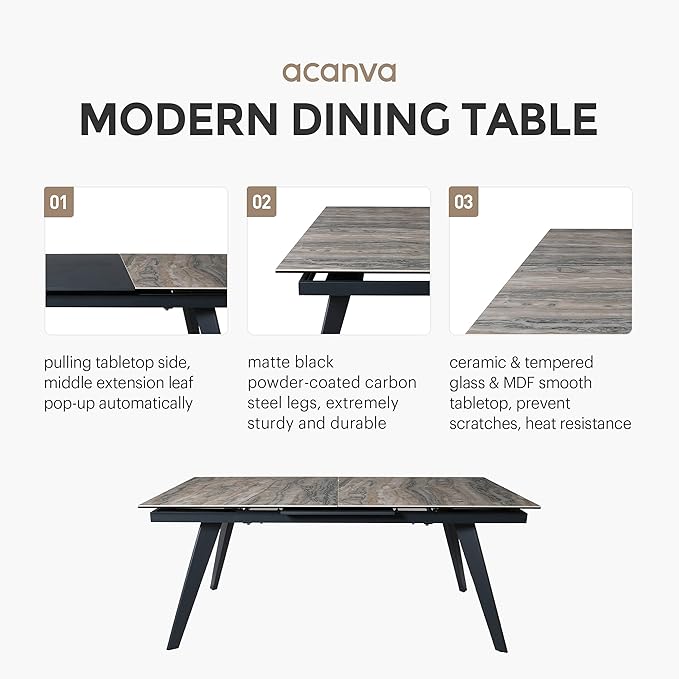 Acanva Expandable Dining Table for 6-8 Seat, Modern Rectangle Design with Extension Leaf for Kitchen Restaurant, Thicker Top and Carbon Steel Pedestal, 67’’(+18’’)x35.3’’x30’’, French Oak Grey/Black