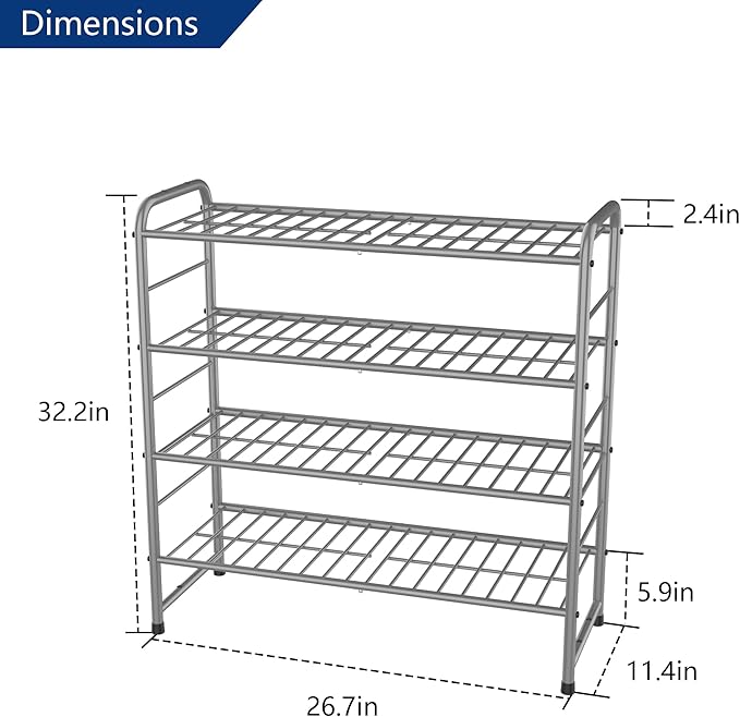 4-Tier Stackable Shoe Rack,Expandable & Adjustable Shoe Organizer Storage Shelf,High Capacity,Wire Grid,Silver