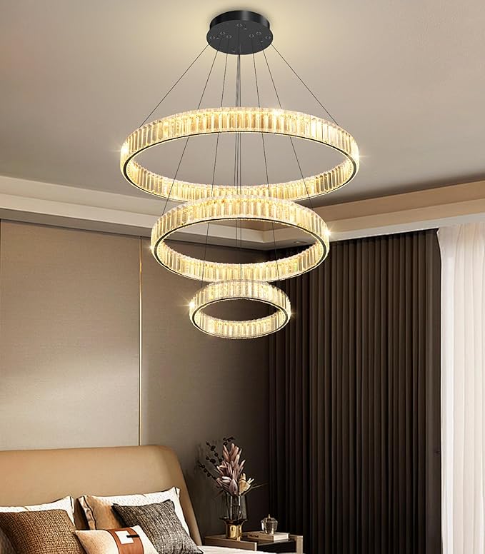 24''+16''+8'' Modern Ring Chandelier Crystal Chandeliers for Dining Room Round LED Dimmable Ceiling Light Fixture for Living Room Bedroom Lighting Black