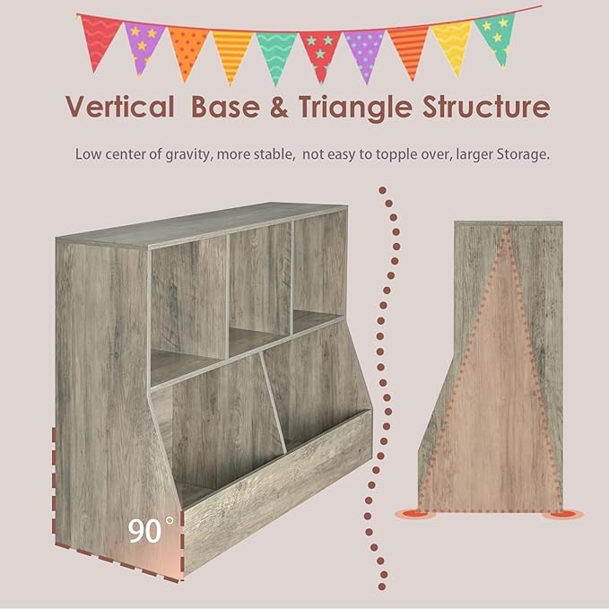 DINZI LVJ Toy Storage Organizer, Kids Bookshelf, Wood Toy Storage Cabinet, 5 Cubby Children Bookcase, 43.3" L Toddler Book Shelf for Playroom, Living Room, Nursery, Hallway, School, Gray Wash