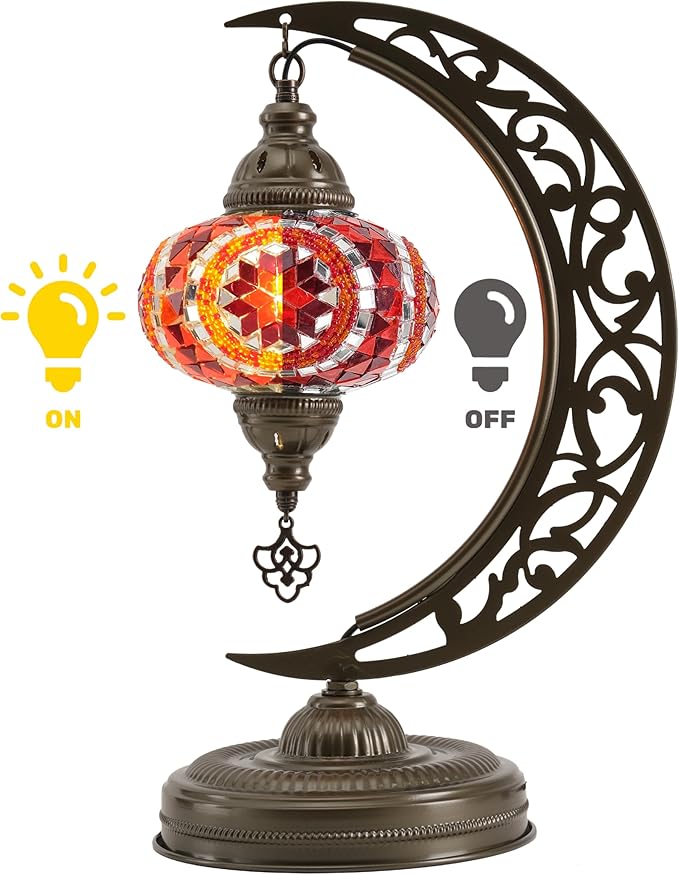Mozaist Turkish Mosaic Crescent Shape Table Lamp, Moroccan Moon Boho Handmade Desk Light, Farmhouse Rustic Living Room Decorative Lighting, Bedside Nightstand with E12 Socket & US Plug (Orange & Red)