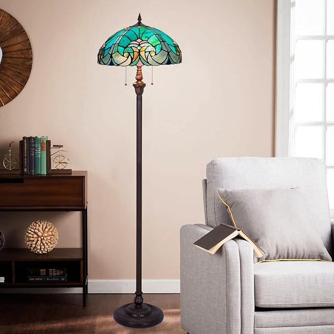 Tiffany Floor Lamp,Stained Glass Lamp Shade,Vintage Antique Style Standing Double Light for Living Room & Bedroom