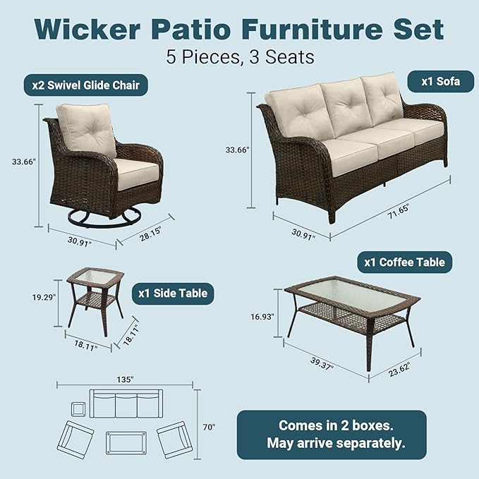 Patio Furniture Set, 5PCS Outdoor Wicker Conversation Set with 6" Thick Cushions, High Back Rattan Sofa & Swivel Rocker Chairs, Weather Resistant Olefin Fabric for Garden, Poolside, Beige