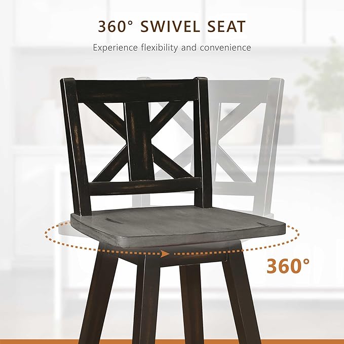 Lexicon Bar Height Bar Stools Set of 2-Solid Wood Frame 360° Swivel Wooden Stools, Foot Rest, X Back, Wide Seat, Distressed Farmhouse Easy to Clean Finish, 28.5" SH, Antique Black/Grey