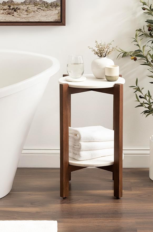 Kate and Laurel Moxley Transitional Round Side Table; 16 x 16 x 22; White Marble and Walnut Brown; Tiered Pedestal Table with Authentic Marble Tabletops for Bedroom Nightstand or Indoor Plant Stand