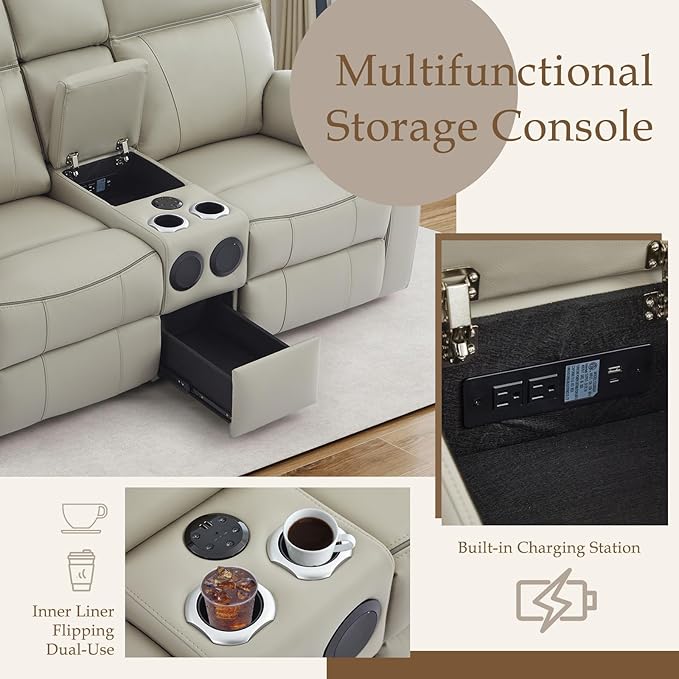Power Reclining Loveseat with LED Reading Light/Storage Drawer/Bluetooth Speakers, Power Loveseat Recliner Sofa Wall Hugger Reclining Loveseat with Outlets(Grey, 2 Seat with Console)