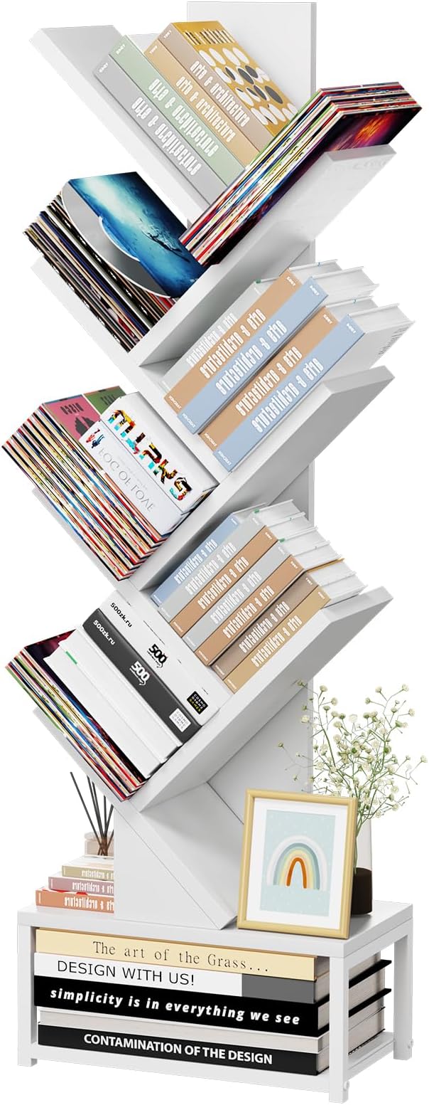 EasyCom Tree Bookshelf Metal Base, 7 Tier Bookcase Storage, Floor Standing Bookshelf Organizer for CDs/Books, Bookshelves for Bedroom/Living Room/Home Office, White