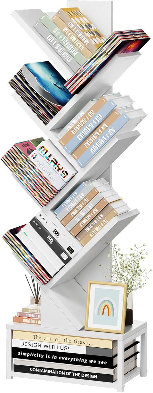 EasyCom Tree Bookshelf Metal Base, 7 Tier Bookcase Storage, Floor Standing Bookshelf Organizer for CDs/Books, Bookshelves for Bedroom/Living Room/Home Office, White