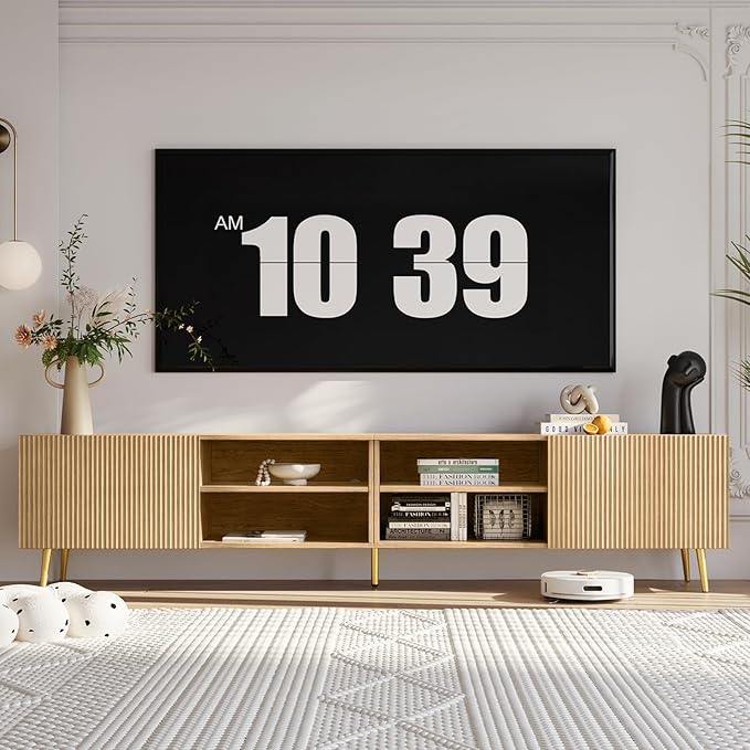 Modern 86in TV Stand for Living Room, Fluted Design Entertainment Center with Adjustable Shelves,Media TV Console Table with Storage for Bedroom,Nature