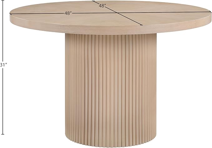 Meridian Furniture 728Oak-T Belinda Collection Mid-Century Modern Dining Table, Solid Wood Base, Natural Finish Oak Wood Veneer MDF Top, Round Top, Fluted Base, 48" W x 48" D x 31" H, Oak
