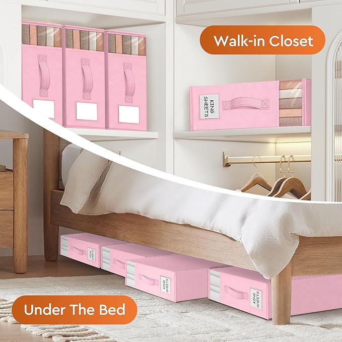 4 Pack Bed Sheet Closet Organizers and Storage,Sturdy Foldable Storage Containers with Window and Label,Storage and Organization for Bedding Sheets,Duvet Covers,Blankets (Pink)