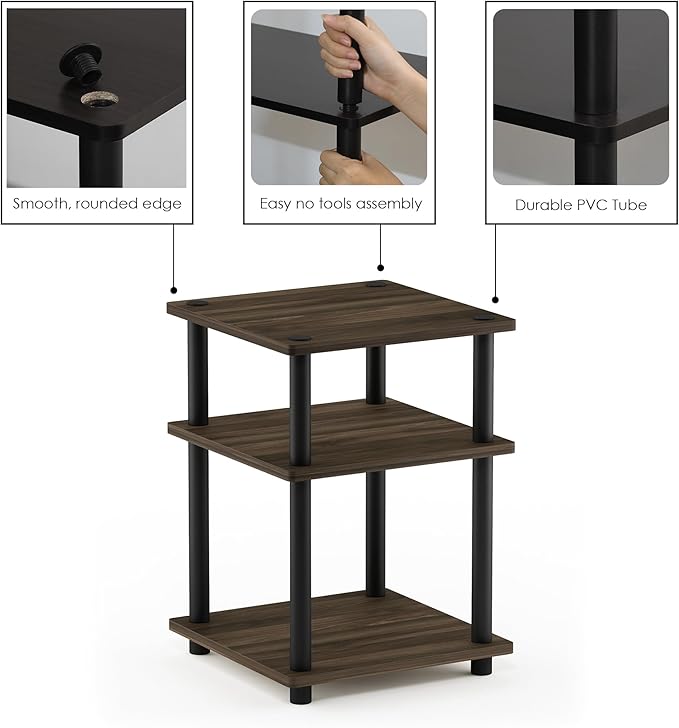 Furinno TURN-N-TUBE Side Table, 3-Tier Square Modern End Table, Open Shelves Nightstand, Night Stand, Bedside Table, Easy Assembly, for Living Room, Bedroom, Columbia Walnut