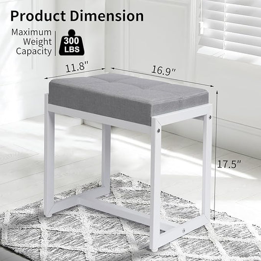Vanity Stool, Vanity Chair Stools for Makeup Room, Square Linen Makeup Stool for Vanity, Modern Padded Small Ottomans Foot Rest for Bedroom Living Room, Grey & White