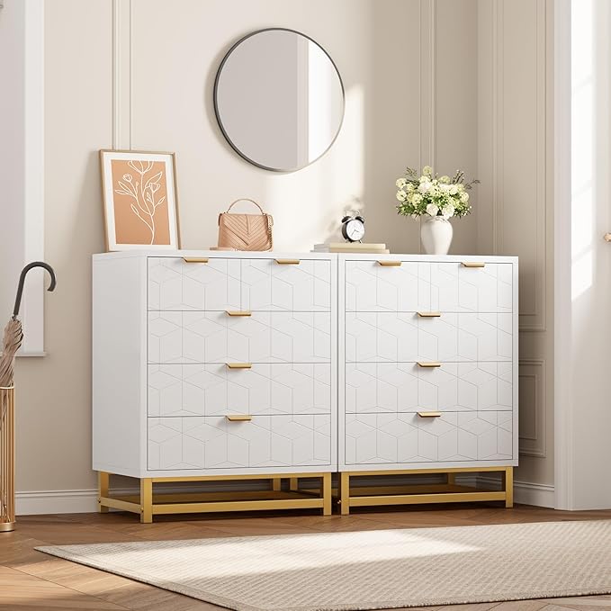 GAOMON White 5 Drawer Dresser for Bedroom, Chest of Drawers with Metal Base, Modern Dresser Chest Cabinet Organizer for Living Room, Hallway, Closet