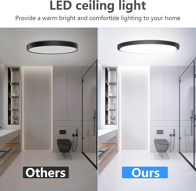 Flush Mount Ceiling Light Fixtures,12inch Flat led Light for Ceiling,6500K 3200LM Ultra Thin Round Black Lamp for Bedroom Kitchen,Bathroom,Garage,Living Room, Dining Room - 4PCS