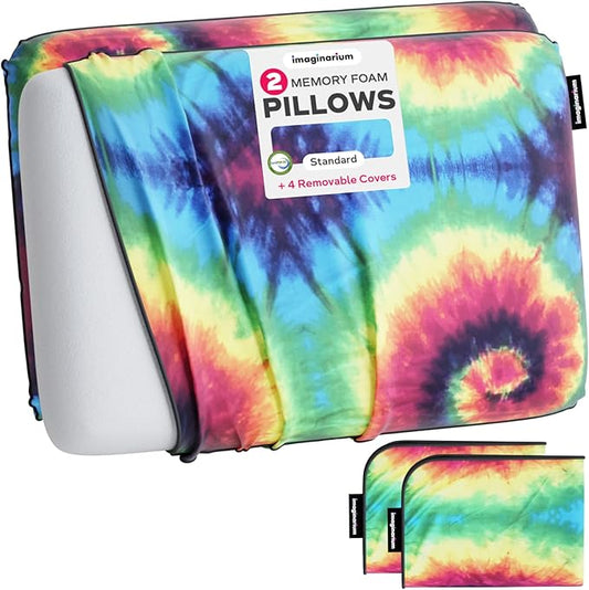 Imaginarium 2 Pack Memory Foam Pillows for Bed – 16" x 24" Standard – Fun Decorative Colorful Pillow for Sleeping – Back, Stomach & Side Sleepers – Includes 2 Extra Cooling Covers (Tie Dye)