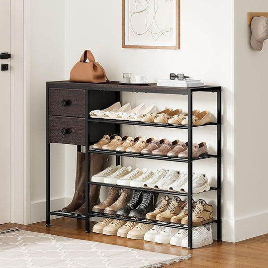 5-Tier Shoe Rack with 2 Fabric Drawers, Metal Frame and Wooden Board Shoe Organizer for 16-20 Pairs of Shoes, Shoe Shelf with Boots Storage for Entryway Closet Dark Brown