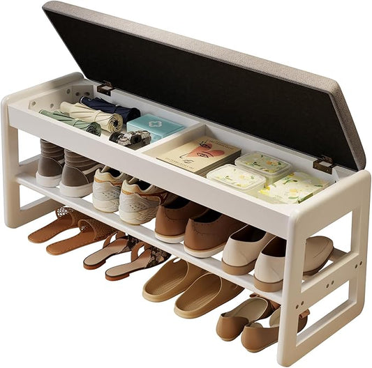 AQIMUELE Shoe Rack Bench,2 Tiers Shoe Bench with Storage with Flip-Top,Wood Shoe Rack for Entryway,Hallway（White Upholstered Seat）