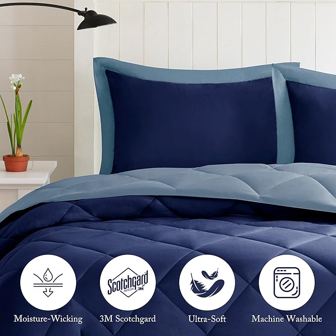Madison Park Comforter Set, Reversible Down Alternative All Season Microfiber Bedding, 3M Scotchgard Stain Release, King Dorm Comforter, Navy/Light Blue