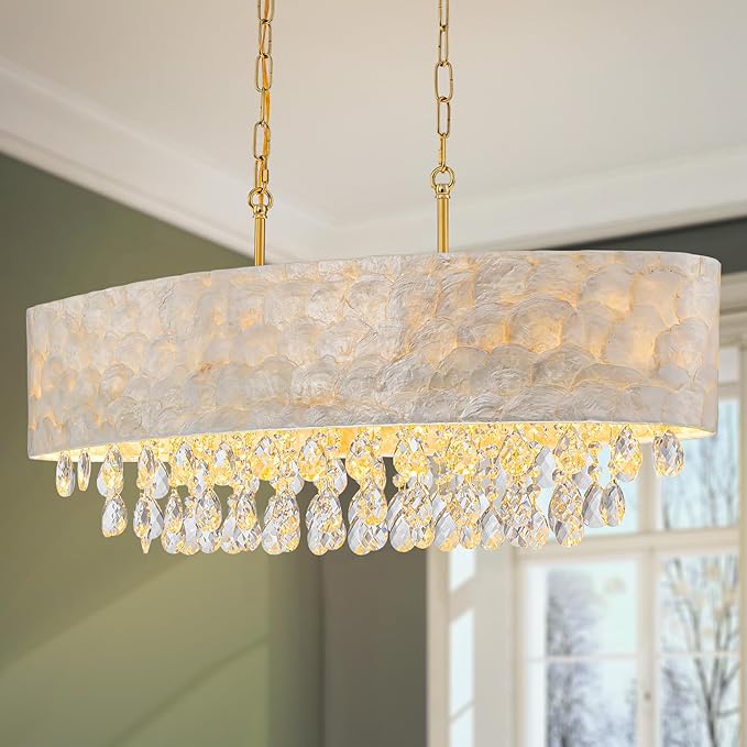 6-Light Oval Capiz Shell Crystal Linear Chandeliers, Coastal Design Light Fixture for Dining Room, Kitchen Island, L32xW12xH19~65 Inch(Adjustable), Shell Lampshade & Brass Finish