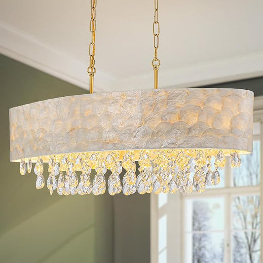 6-Light Oval Capiz Shell Crystal Linear Chandeliers, Coastal Design Light Fixture for Dining Room, Kitchen Island, L32xW12xH19~65 Inch(Adjustable), Shell Lampshade & Brass Finish