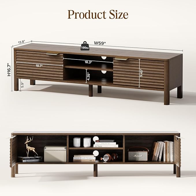 TV Stand for Living Room - up to 65 Inch TVs Mid Century Modern Entertainment Center with Storage and Adjustable Shelves, Media Console Table Walnut 59"