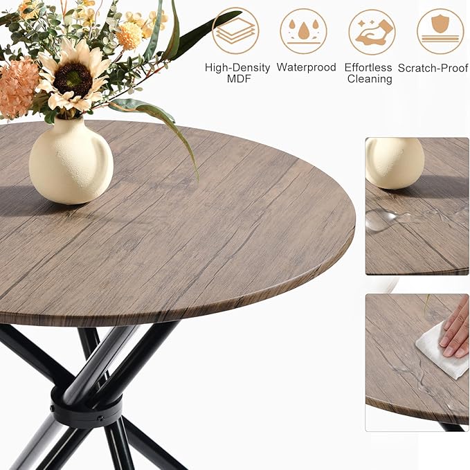 FurnitureR 31.5-Inch Round Dining Table for 2-4 People, Wooden Kitchen Table with Intersecting Pedestal Base and Metal Legs, Multifunctional for Café, Restaurant, and Home Dining, Brown