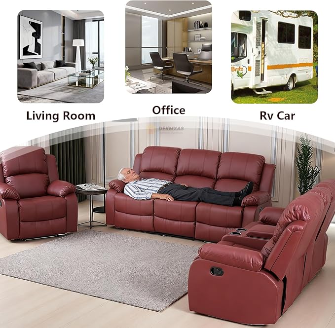 Bonded Leather Reclining Sofa Couch Modern Manual Recliner Sofa Living Room Furniture 3 Seater Reclining Sofa with Cup Holders & Drop-Down Table for Home/Office/Rv Car (Red, 3 Seater Sofa)