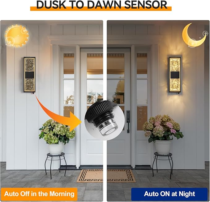 Dusk to Dawn Outdoor Lighting,Exterior Lighting Fixtures IP65 Waterproof Porch Lights Outdoor 12W LED Crystal Modern Outside Wall Sconce for Porch Hallway Doorway Patio,14.2'' Back&Gold 2PCS