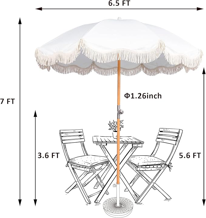 6.5ft Boho Beach Umbrella with Fringe, UPF 50+ Tassel Umbrellas with Carry Bag, Premium Wood Pole Foldable Patio Umbrella for Outdoor Holiday Garden Lawn Pool Yard Table