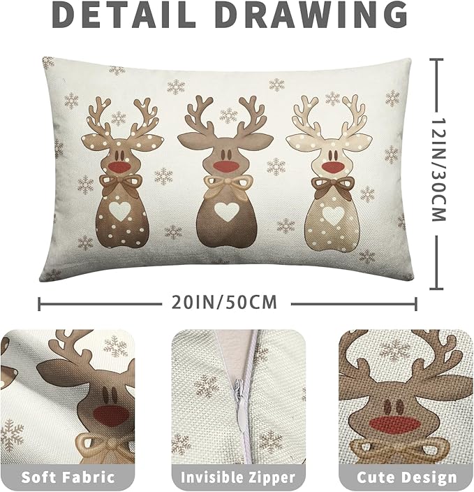 Christmas Reindeer Snowflakes Lumbar Throw Pillow Covers 12x20 Set of 2 Xmas Polka Dot Love Heart Bow Cute Brown Elk Deer Rectangle Pillow Cases Winter Holiday Decor for Home Couch