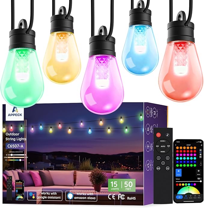 APPECK Outdoor String Lights, 50ft Smart RGBW Outdoor Patio Lights with 15 LED Bulbs, Extendable, 111 Scene Modes, IP65 Waterproof Lighting for Outside, Dimmable Warm White, Compatible with Alexa