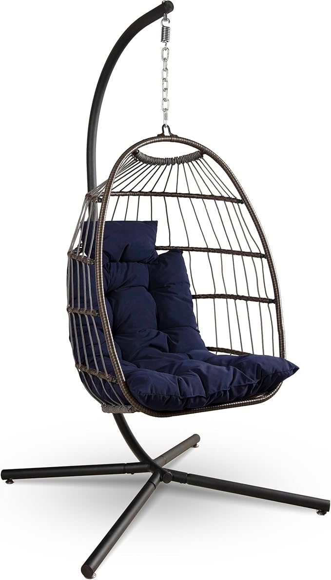 SereneLife Egg Chair with Stand – Hanging Rattan Wicker Swing for Indoor Outdoor Use – 350 lbs Capacity, Breathable Cushion & Headrest – Patio, Balcony, Porch, Bedroom Lounge Furniture