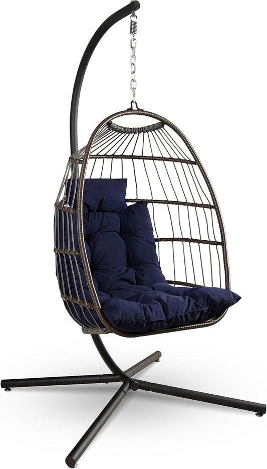 SereneLife Egg Chair with Stand – Hanging Rattan Wicker Swing for Indoor Outdoor Use – 350 lbs Capacity, Breathable Cushion & Headrest – Patio, Balcony, Porch, Bedroom Lounge Furniture