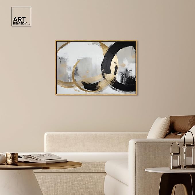 Art Remedy Another Dimension Canvas Modern Black White Abstract Wall Art, Gold Frame, 45" x 30"