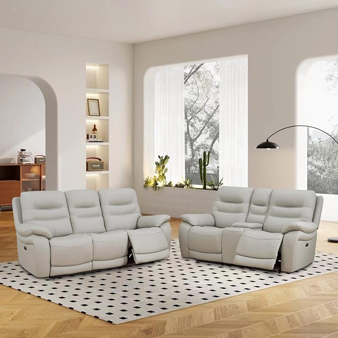 Power Reclining Sofa Set, Genuine Leather Recliner Couch, Light Grey Leather Sofa and Loveseat, 2 Pieces Top Grain Leather Furniture with Cup Holders/Storage/USB Port for Living Room, Apartment