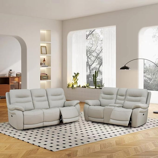 Power Reclining Sofa Set, Genuine Leather Recliner Couch, Light Grey Leather Sofa and Loveseat, 2 Pieces Top Grain Leather Furniture with Cup Holders/Storage/USB Port for Living Room, Apartment