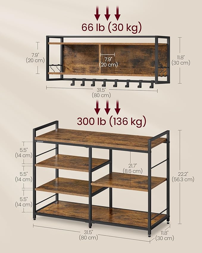 VASAGLE Hall Tree with Shoe Bench, Coat Rack Shoe Bench Set, Entryway Furniture, Multifunctional, 12 Metal Hooks, 4-Tier Shoe Rack, for Entryway, Bedroom, Rustic Brow ULSB107K01