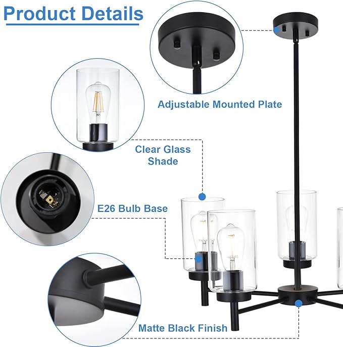 5-Light Contemporary Black Chandelier, Modern Industrial Dining Room Light Fixtures Over Table, Ceiling Hanging Kitchen Island Pendant Lighting Fixtures w/Clear Glass Shade for Entryway Foyer
