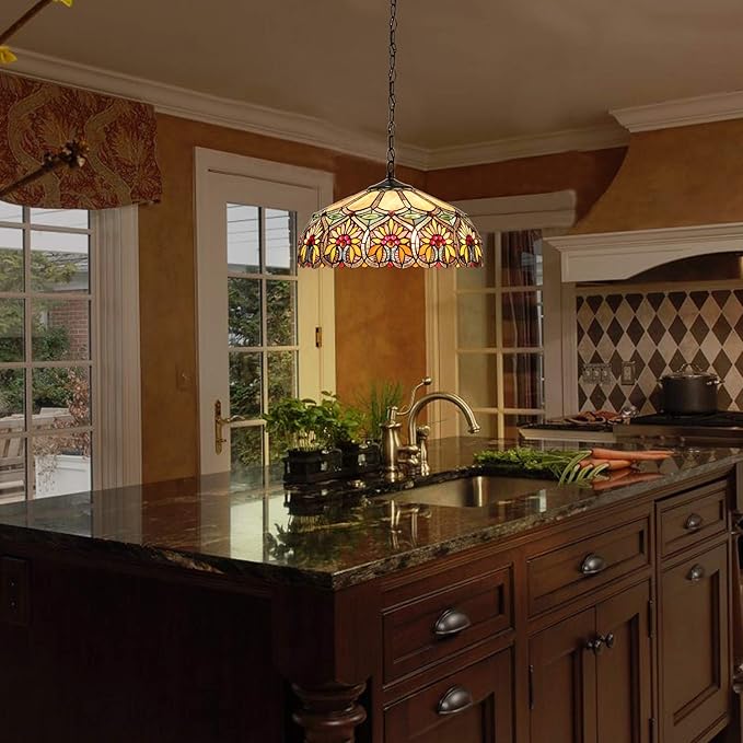Capulina Tiffany Lamp Stained Glass Pendant Light 2-Light 16 Inches Wide Sunflower Pattern Tiffany Hanging Lamp for Dining Room Kitchen Island Home Office