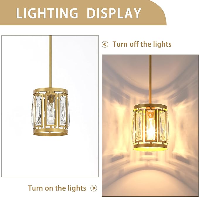 Gold Pendant Lights Kitchen Island, Crystal Pendant Light, Adjustable Hanging Light Fixture for Dining Room, Living Room, Kitchen