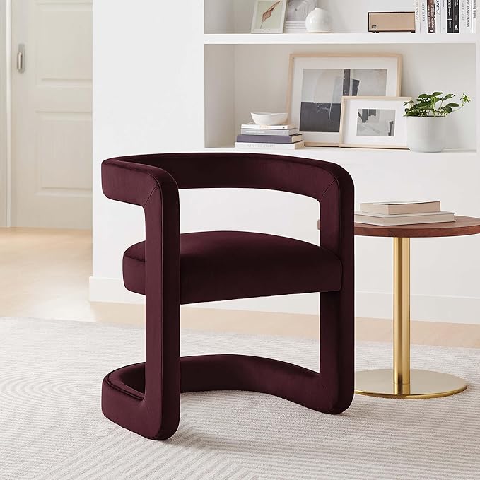 Modway Winslow Stain-Resistant Performance Velvet Dining Chair in Mulberry - Open Back Barrel Armchair - Upholstered Dining Chair - Cozy Reading Chair or Velvet Vanity Chair